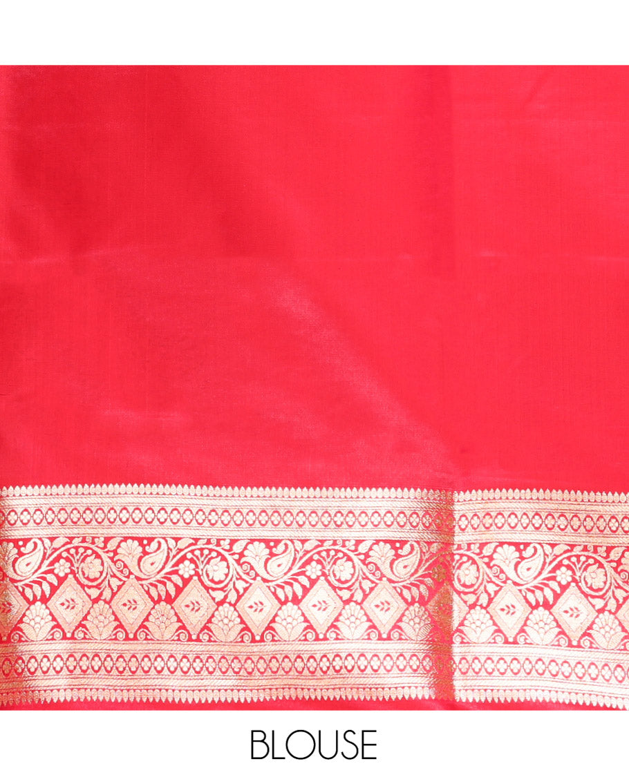 Blue Semi-Banaras Saree, Mesmerized with Jaal Jacquard on Its Body, Complemented by a Contrast Floral, Paisley, and Geometric Design Border, Intricately Designed Pallu, and Paired with a Contrast Blouse