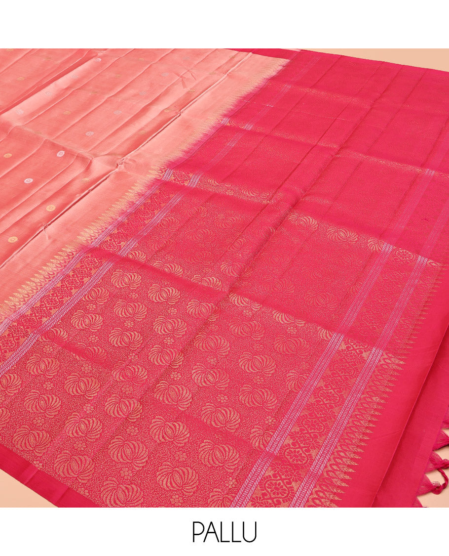 Peach Mayuri Lite Silk Mix Saree, Detailed with Zari Buttas, Complemented by Contrast Zari Buttas Border, Intricate Pallu, and a Contrast Blouse