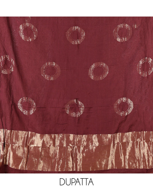 Maroon Mul Chanderi Material Chudidar Set, Subtly Sparkled with Buttas Top, a Matching Bottom, and a Circle Motif Woven Dupatta
