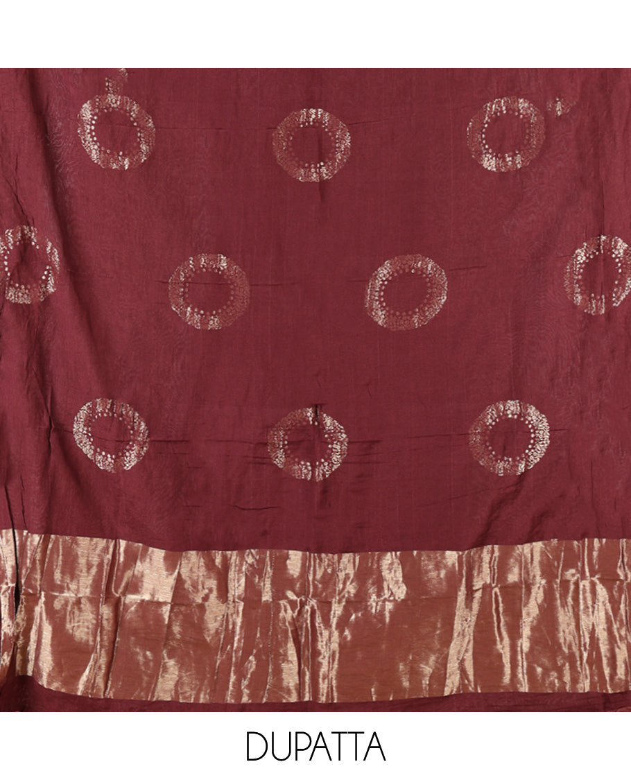 Maroon Mul Chanderi Material Chudidar Set, Subtly Sparkled with Buttas Top, a Matching Bottom, and a Circle Motif Woven Dupatta