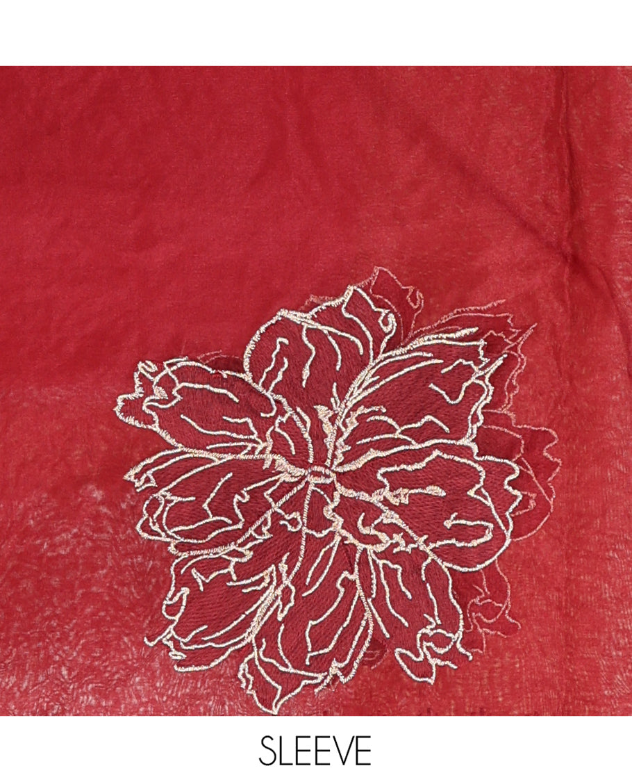 Maroon Organza Saree, Delicately Woven with Floral Embroidery, a Scallop Border, and a Matching Blouse