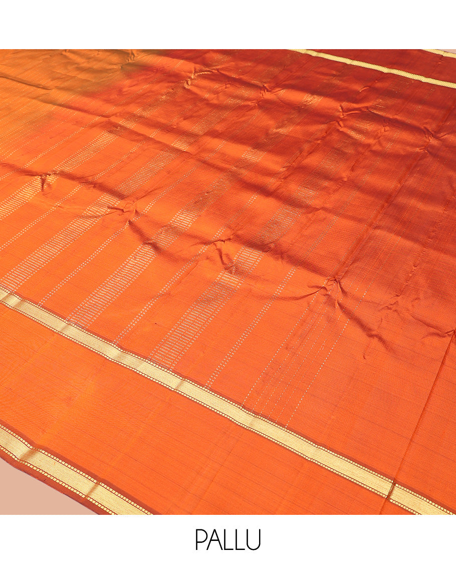 Orange Kanchipuram Silk Saree, Sparsely Woven with Muthu Zari Stripes, Highlighted by Rettai Pettu Traditional Border, Zari Striped Pallu, and a Matching Blouse