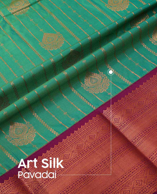 Green striped floral design art silk pavadai material with contrast traditional zari design border & zari design blouse