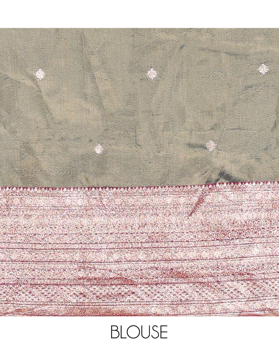 Steel Grey-Wine Banarasi Silk Half-Saree Features Buttas Skirt, Contrast Traditional Border, Matching Blouse, Contrast Embroidered Dhavani