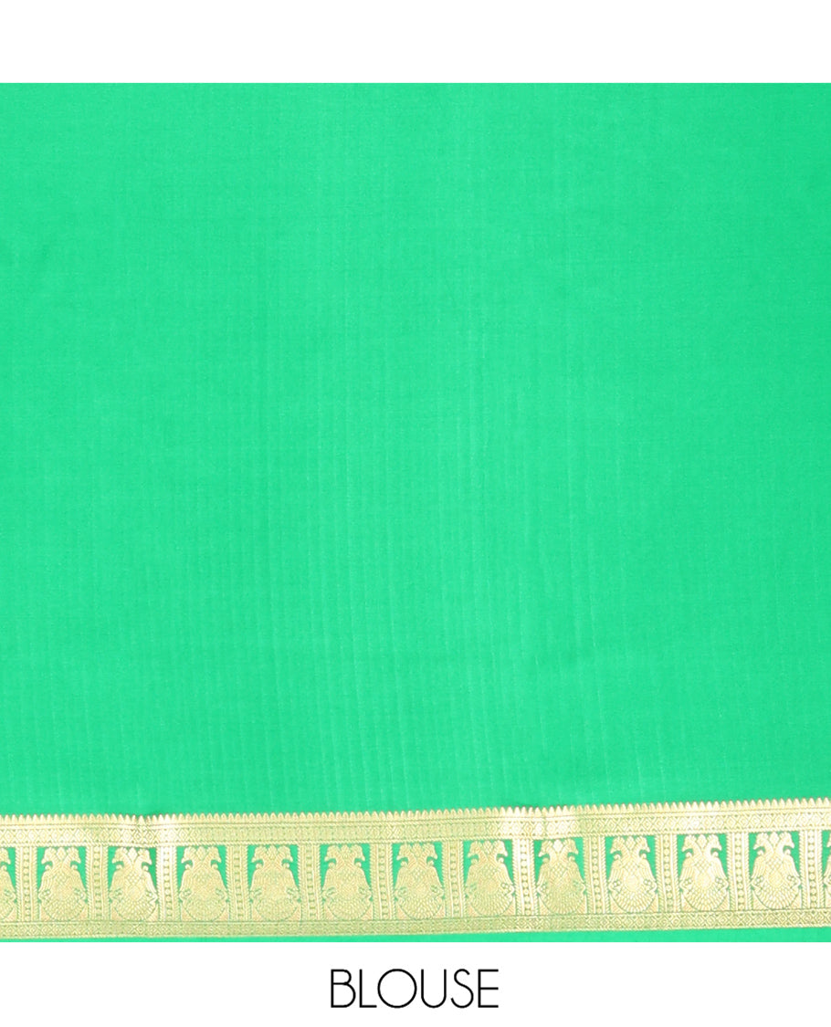 Pink Plain Mysore Silk Saree, Complemented by a Contrast Two-Headed Eagle Zari Border, Zari Design Pallu, and a Contrast Blouse