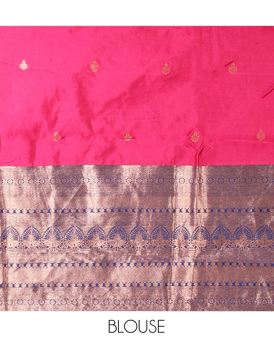 Rani Pink Semi-Banarasi Half-Saree Featuring Buttas Skirt, Contrast Traditional Border, Matching Blouse, Satin Georgette Dhavani
