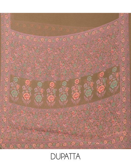 Mustard Grey Material Chudidar Set, Beautifully Printed with Floral Print on Its Italian Crepe Top, Italian Crepe Bottom, and Georgette Dupatta of Floral Print