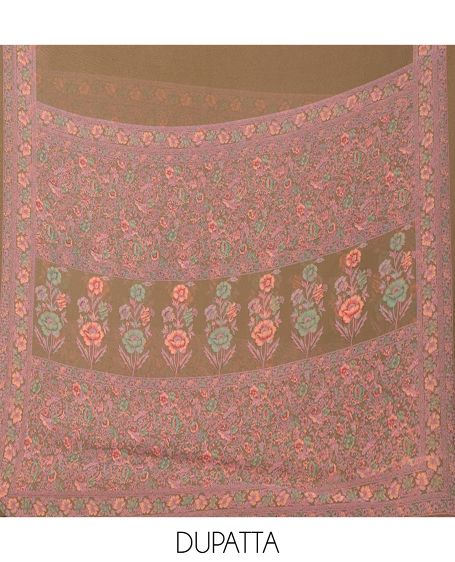 Mustard Grey Material Chudidar Set, Beautifully Printed with Floral Print on Its Italian Crepe Top, Italian Crepe Bottom, and Georgette Dupatta of Floral Print