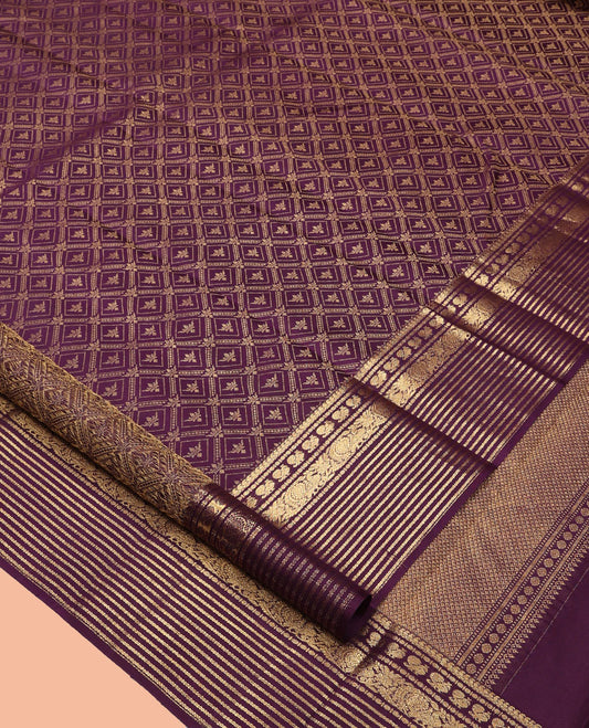 Purple Kanchipuram Wedding Silk Saree, Artfully Detailed with Jaal Jacquard Design, a Self-Border of Manga, Mayil, Poun, and Neli, Grand Pallu, and a Matching Blouse