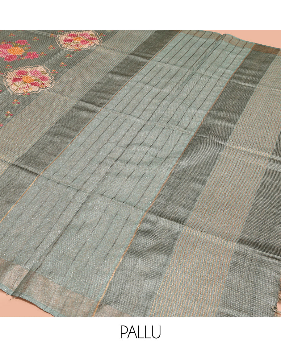 Green Tussar Silk Saree, Embellished with Floral Motifs Print and Sparley Woven Checked Design on Its Body, a Subtle Border, Pallu of Stripes, and Paired with a Matching Blouse