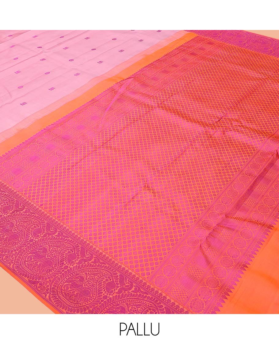 Pink Kanchipuram Silk Saree, Prettified with Mayil-Chakram Buttas, a Contrast Arumbu Manga Border, Jaal Pallu, and a Contrast Blouse