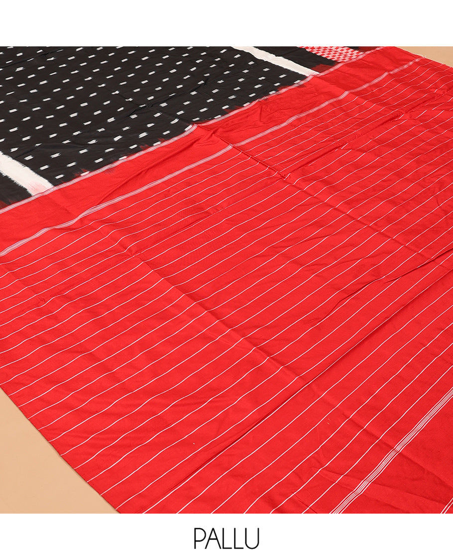 Black Pochampally Ikat Saree, Finely Crafted with Ikat Buttas, Ikkat Textured Border, Striped Pallu, and a Contrast Blouse