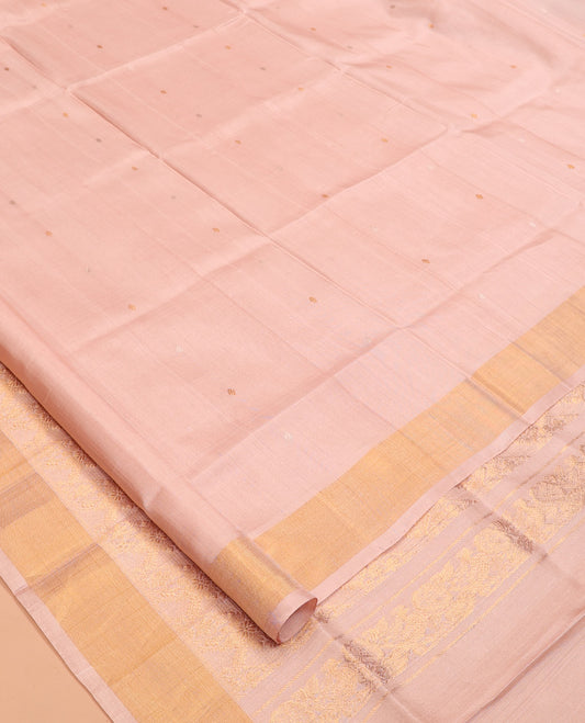 Peach Uppada Silk Saree, Ornamented with Zari Buttas, a Bavanji Border, Floral Jaal Pallu, and a Matching Blouse