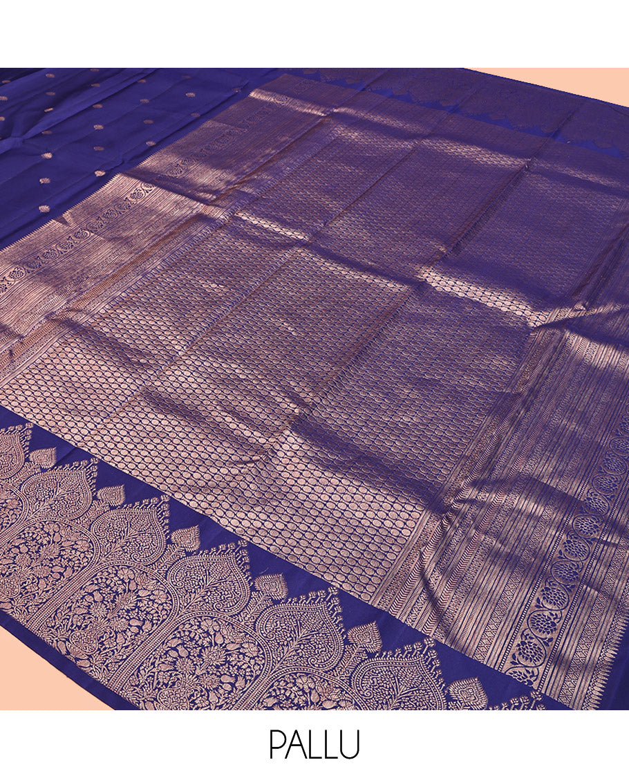 Blue Kanchipuram Silk Saree, Enthralled with Zari Buttas All Over Its Body, Highlighted by a Zari Border of Mughal-Style Designs, Grand Pallu, and Paired with a Matching Blouse