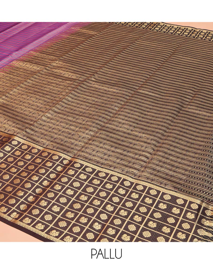 Purple Vasundhara Lite Silk Mix Saree, Featuring Zari Stripes and Neli Stripes on Its Body, Complemented by a Contrast Border of Kamalam and Mayil Butta Enclosed Checked Designs, Intricately Designed Pallu, and Paired with a Contrast Blouse