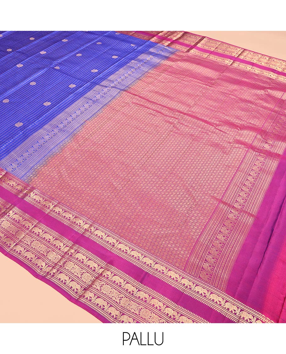 Blue Vasundhara Silk Saree, Enthralled with Zari Buttas and Checks, Contrast Border of Rekku, Muthu, Banaras, Mayil, and Chakram Designs, Grand Pallu, and Contrast Blouse