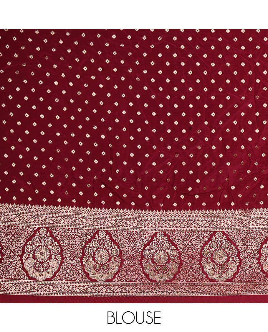 Cream-maroon chiniya crepe half-saree,  chevron zari jacquard with contrast intricate patterned stone work bordered skirt, contrast blouse, and a scallop bordered intricate dhavani