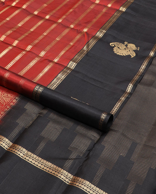 Maroon striped design mayuri soft silk saree with contrast zari design border & striped pallu