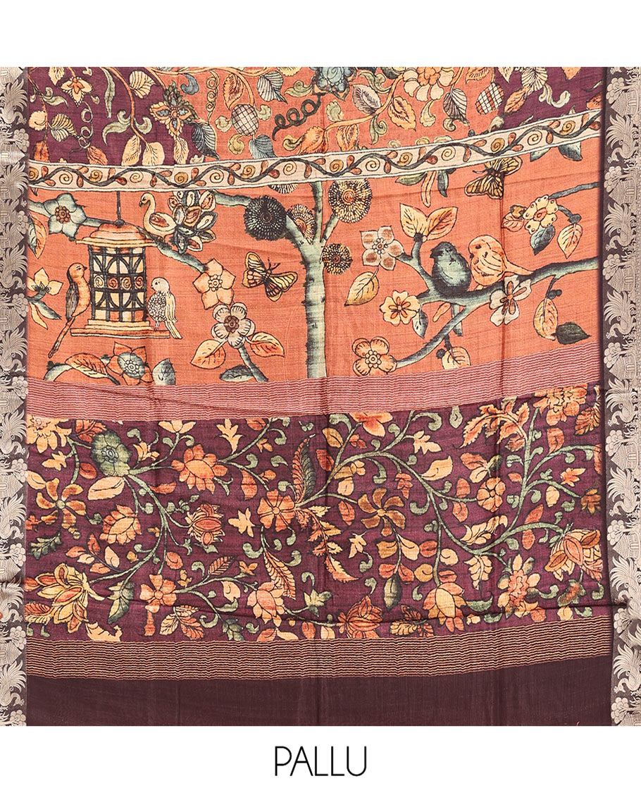 Brown-Rust Kalamkari Saree, Bedecked with Floral Vine Print,  Zari-Woven Border, Floral Pallu, and a Contrast Blouse