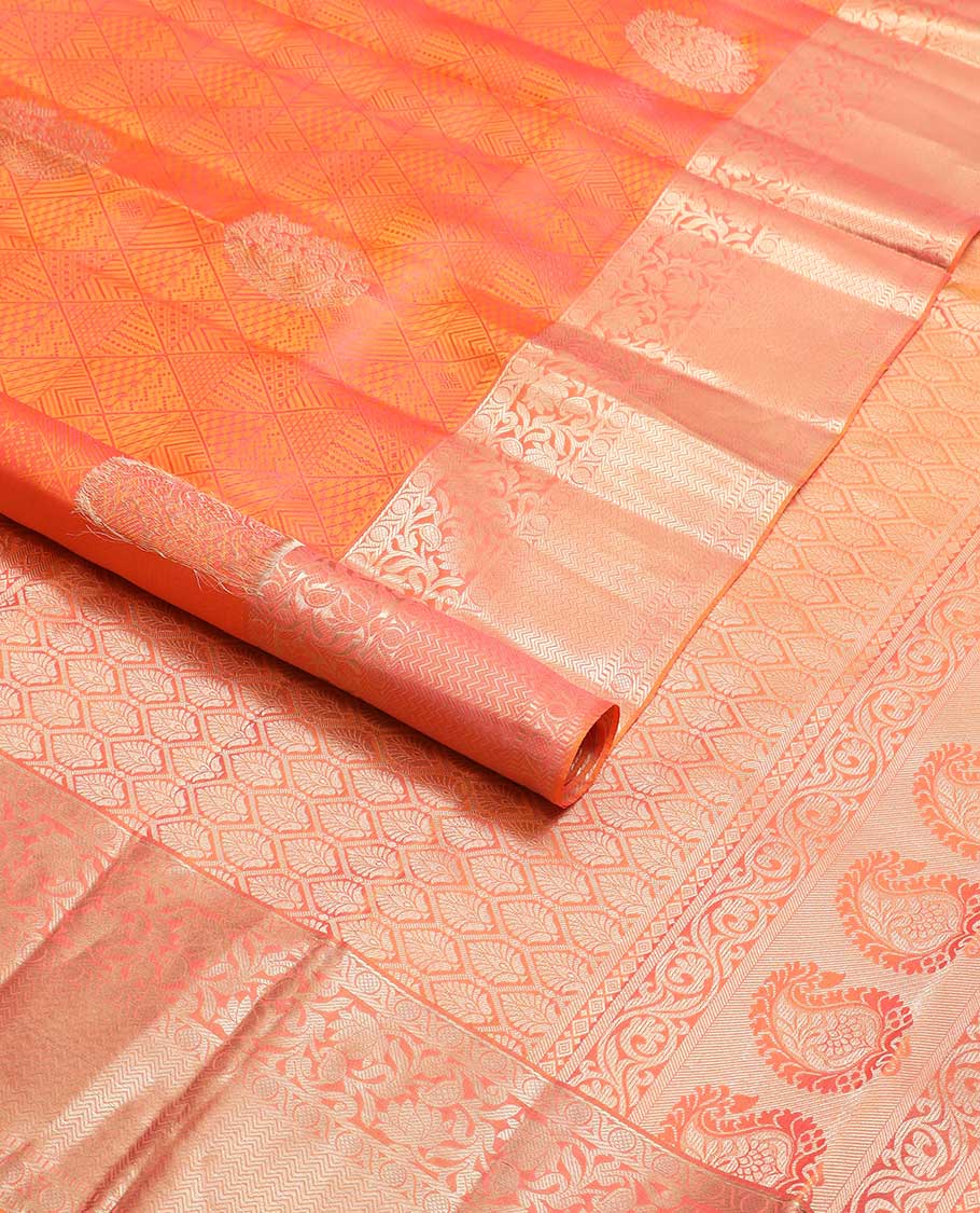 Orange geometric, floral design kancheepuram silk saree with contrast border of poo chakarm, muthu, kodi visiry design & zari design pallu