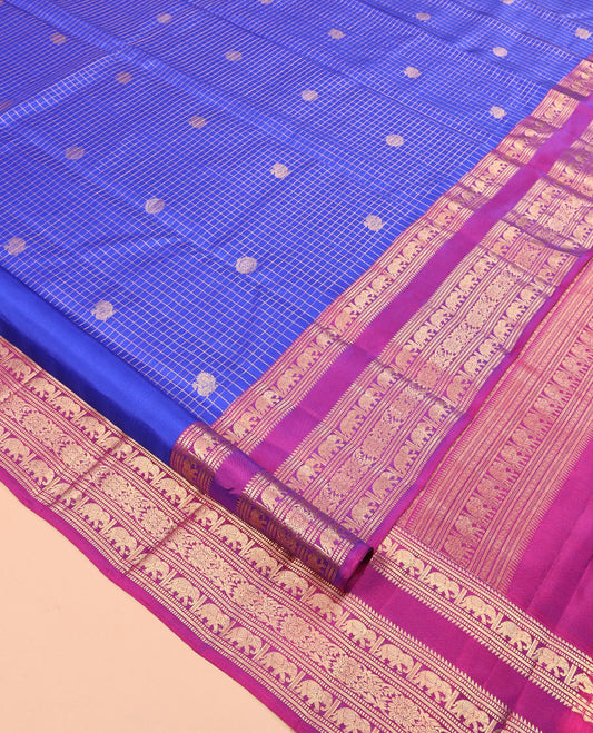 Blue Vasundhara Silk Saree, Enthralled with Zari Buttas and Checks, Contrast Border of Rekku, Muthu, Banaras, Mayil, and Chakram Designs, Grand Pallu, and Contrast Blouse