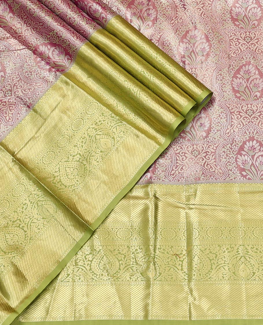 Rosewood Pink Art Silk Material Half Saree Set, Decked Up with Jacquard Design Skirt, a Contrast Traditional Design Border, Contrast Blouse, and an Intricate Dhavani