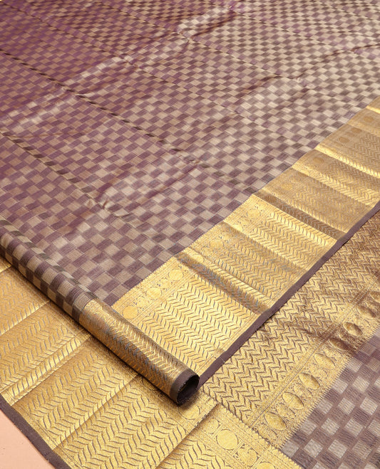 Brown Embossed Parambara Silk Saree, a Zari Border of Banaras, Diamond, Mayil, Poun, and Vanki Designs, Vanki Pallu, and Matching Blouse