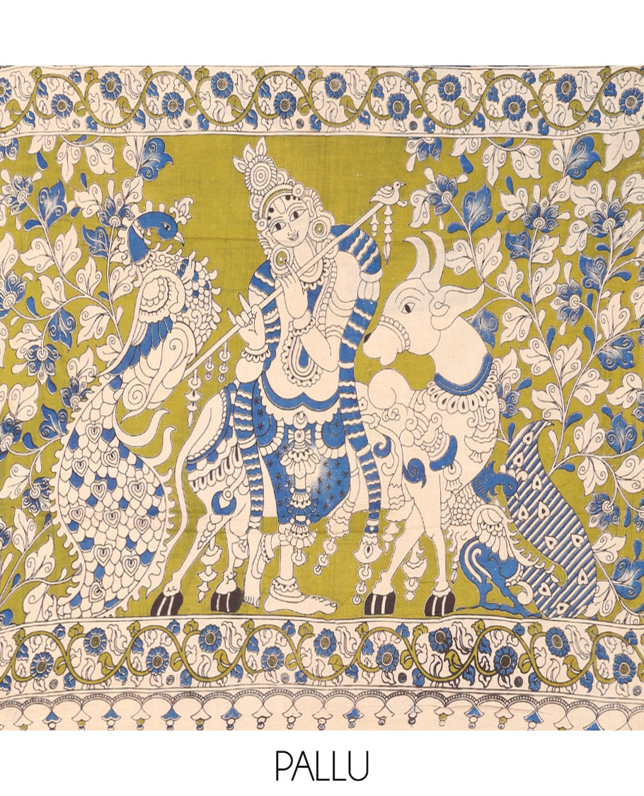 Blue Machine-Printed Kalamkari Cotton Saree Features Floral, Fauna, and Pichwai Lotus, a Contrast-Printed Border, Pallu of Lord Krishna Motifs, and a Contrast Blouse