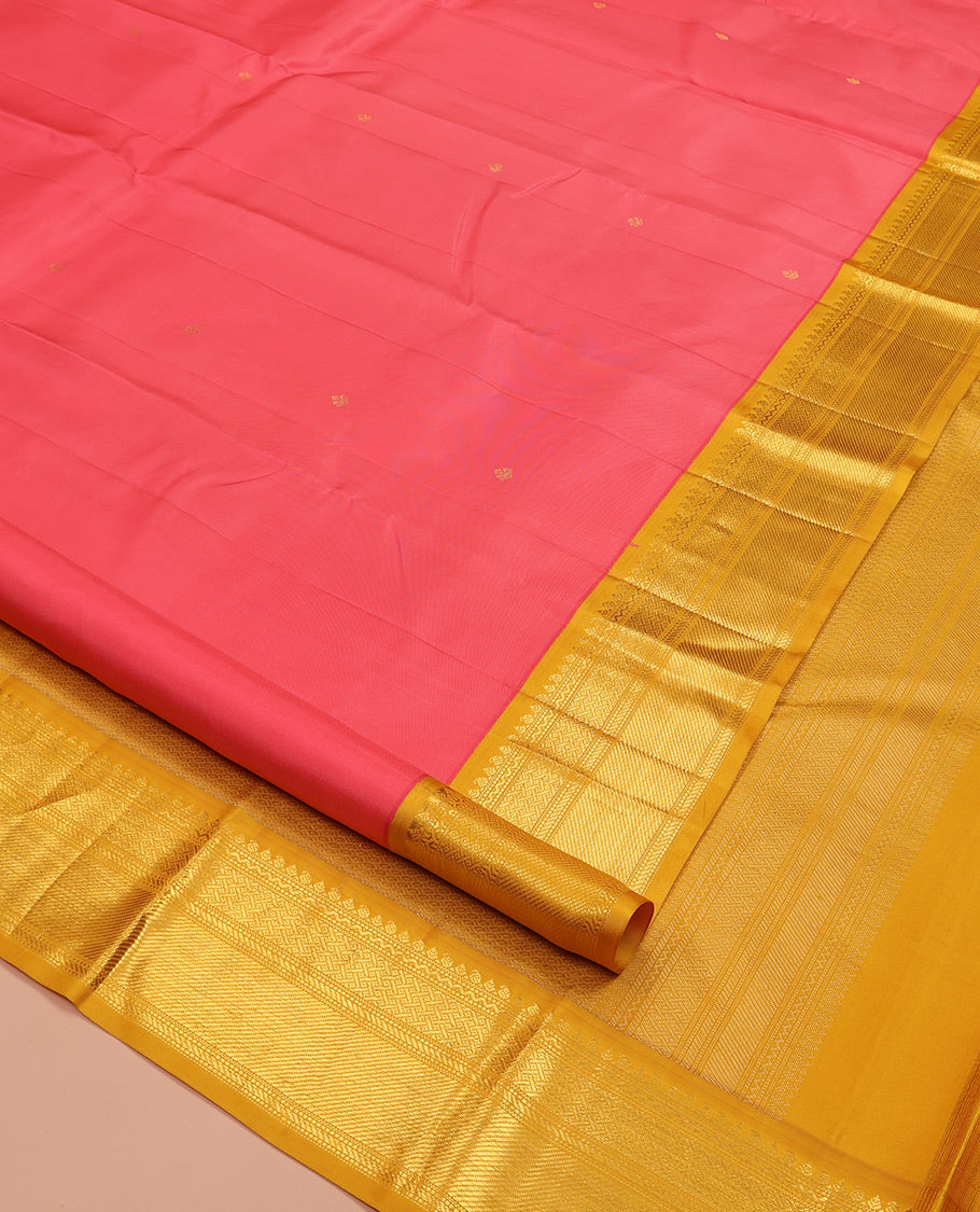 Pink Vasundhara Silk Saree, Embellished with Zari Buttas All Over Its Body, Complemented by a Contrast Border of Thikalam, Manga, Banaras, Muthu, and Paiyadi Kattam Designs, Intricately Designed Pallu, and Paired with a Contrast Blouse