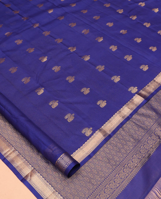Blue Vasundhara Silk Saree, Subtly Woven with Zari Buttas, a Zari Border, Grand Jaal Pallu, and a Matching Blouse
