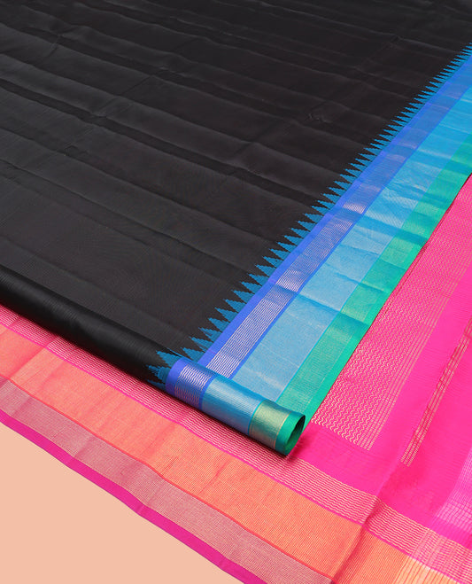 Black Plain Bangalore Silk Saree, Complemented by a Contrast Temple Ganga-Jamuna Border, Zari Striped Pallu, and Contrast Blouse