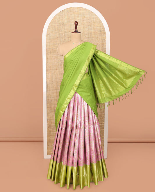 Pink Art Silk Material Half Saree Set, Elegantly Highlighted with Jacquard Design Skirt, a Contrast Traditional Zari Design Border, Contrast Zari-Jacquard Blouse, and a Dhavani of Paisley Designs