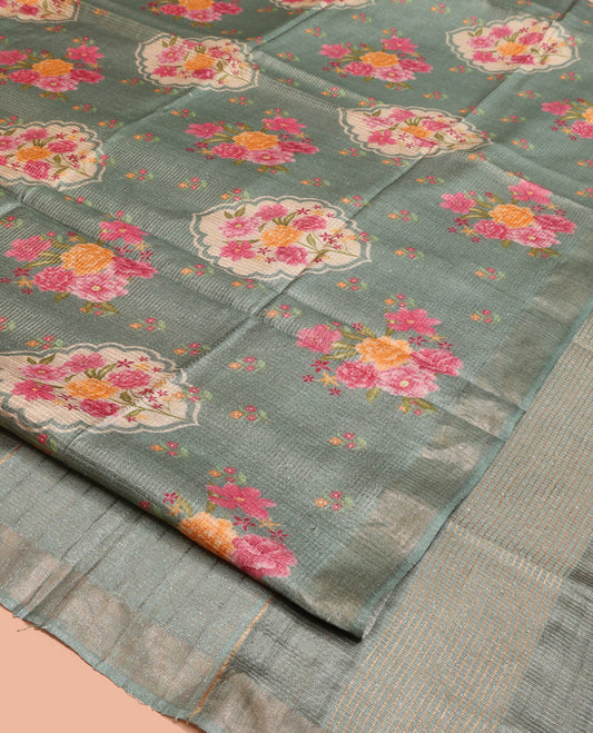 Green Tussar Silk Saree, Embellished with Floral Motifs Print and Sparley Woven Checked Design on Its Body, a Subtle Border, Pallu of Stripes, and Paired with a Matching Blouse
