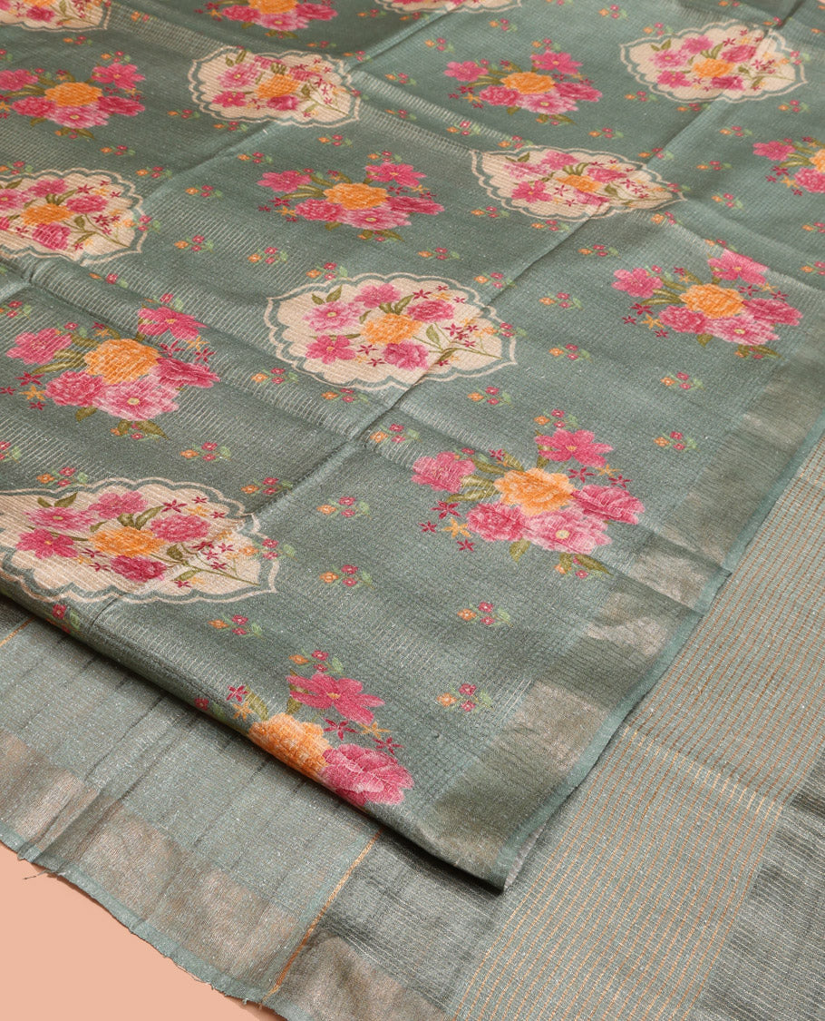 Green Tussar Silk Saree, Embellished with Floral Motifs Print and Sparley Woven Checked Design on Its Body, a Subtle Border, Pallu of Stripes, and Paired with a Matching Blouse