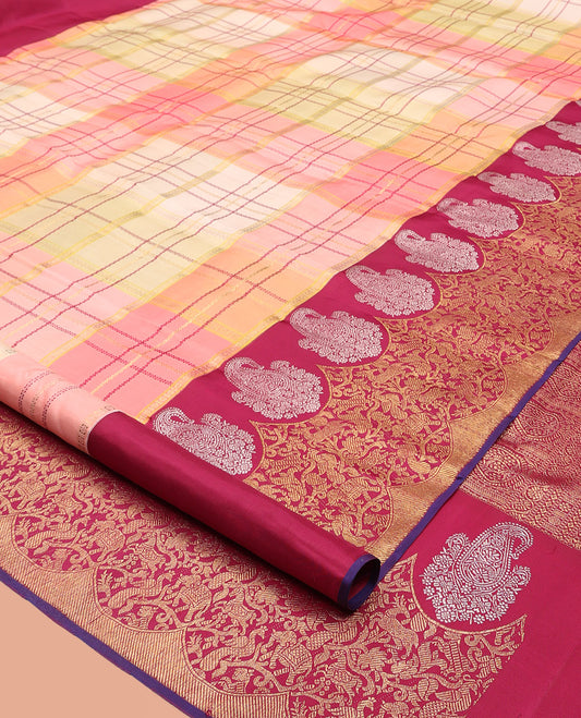 Multi-Color Kanchipuram Designer Silk Saree, Majestically Detailed with Rangkat Zari Checks, Contrast Vanasingaram Border, Jaal Pallu, and a Contrast Blouse