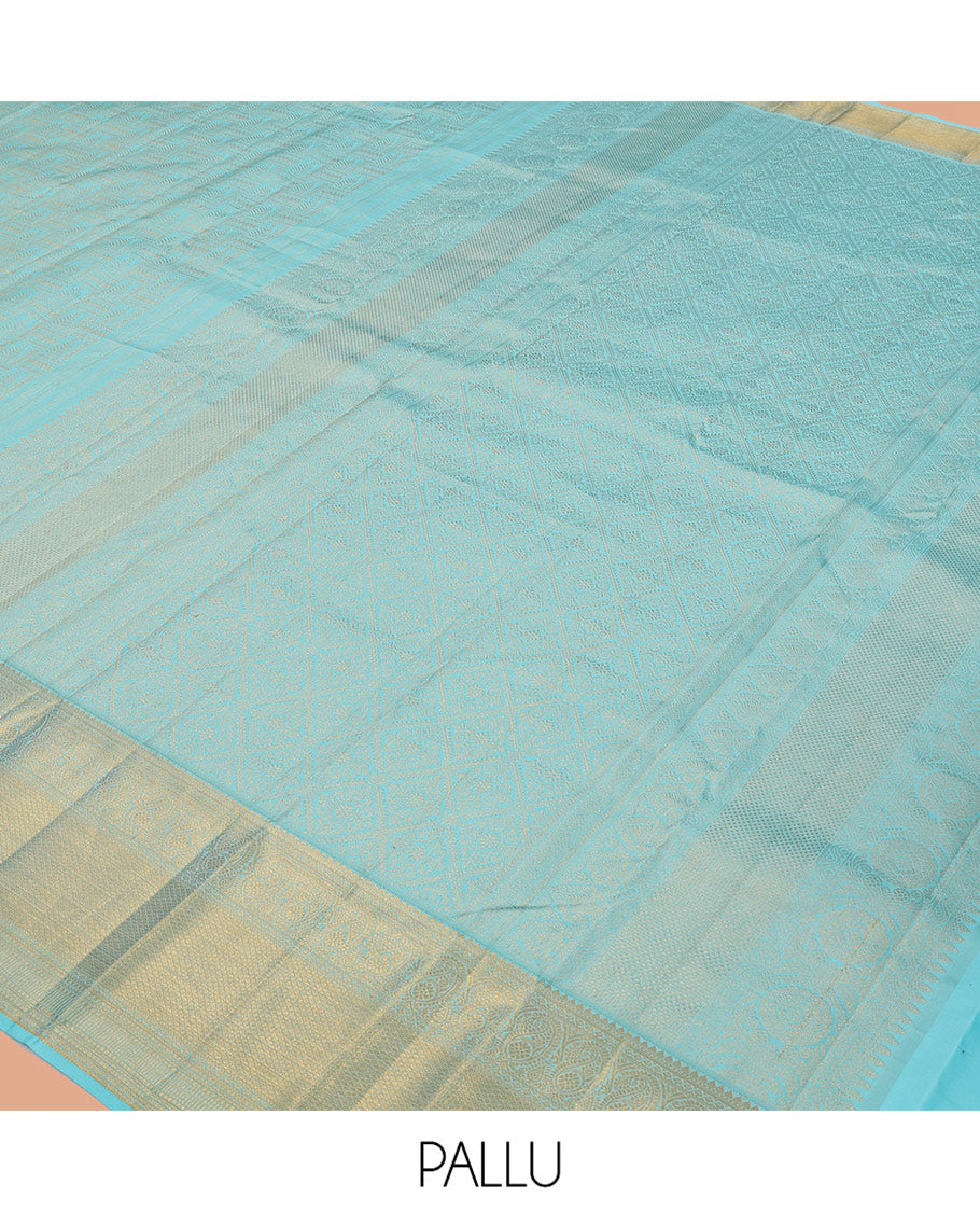 Pale Blue Jacquard Kanchipuram Wedding Silk Saree, Highlighted by a Zari Border of Thilakam Mokku, Arumbu Manga, and Mayil Kann Designs, Grand Jaal Pallu, and Matching Blouse