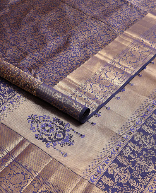 Blue floral design kancheepuram silk saree with self border of floral zari design border & floral design pallu