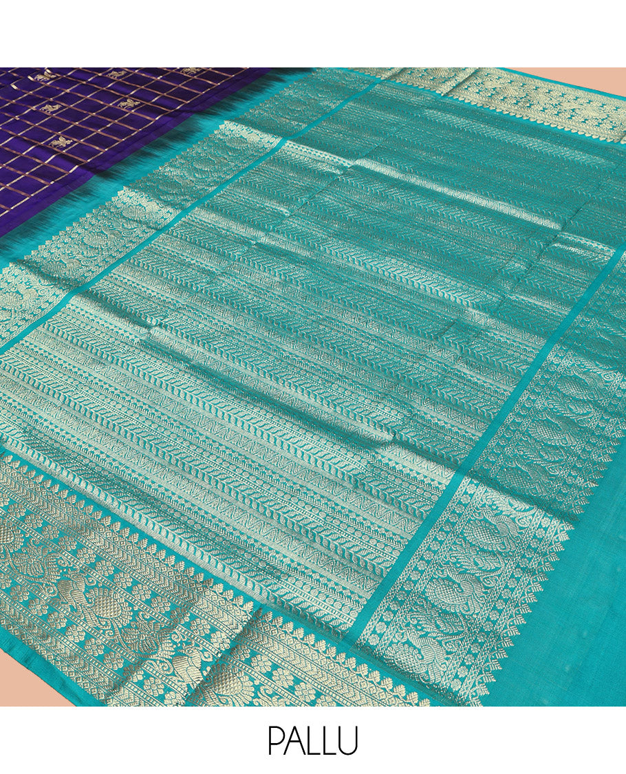 Blue Venkatagiri Silk Saree, Gleamed Up with Zari Butta Enclosed Checks All Over Its Body, Complemented by a Contrast Traditional Zari Design Border, Pallu of Traditional Designs, and Paired with a Contrast Blouse