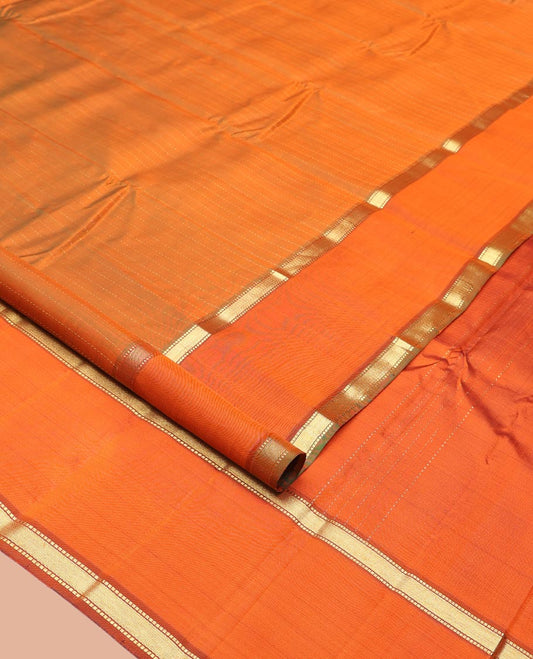 Orange Kanchipuram Silk Saree, Sparsely Woven with Muthu Zari Stripes, Highlighted by Rettai Pettu Traditional Border, Zari Striped Pallu, and a Matching Blouse