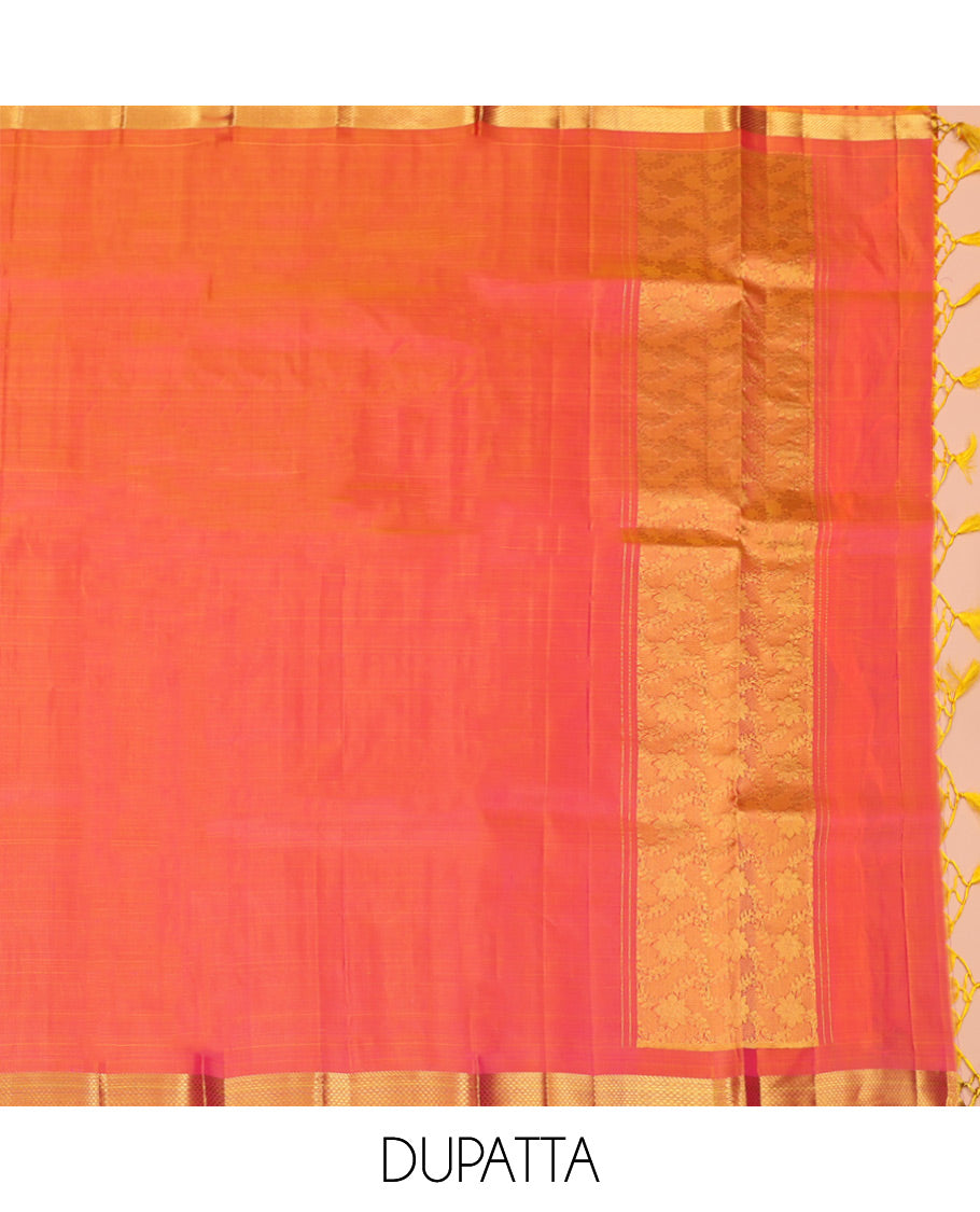 Pink Pure Silk Half-Saree, Decked Up with Zari Designs on Its Body, Complemented by a Contrast Floral Zari Design Border, Complemented by a Contrast Blouse, and Paired with a Contrast Dhavani of Floral Designs