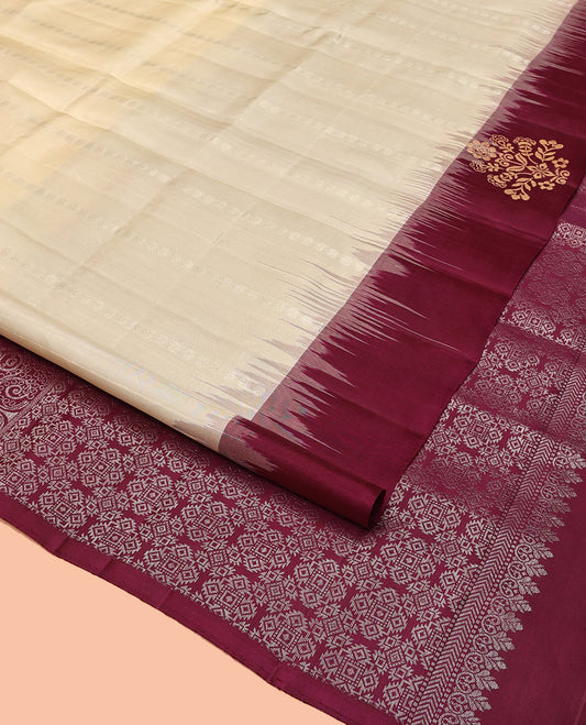 Cream Mayuri Soft Silk Saree, Subtly Sparkled With Buttas All Over Its Body, Complemented by Contrast Border of Zari Buttas, Intricately Designed Pallu and Paired with a Contrast Blouse