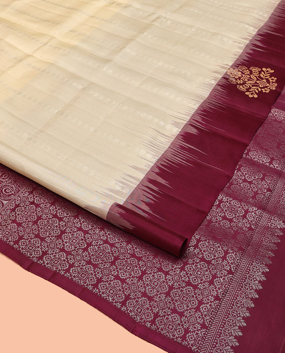 Cream Mayuri Soft Silk Saree, Subtly Sparkled With Buttas All Over Its Body, Complemented by Contrast Border of Zari Buttas, Intricately Designed Pallu and Paired with a Contrast Blouse
