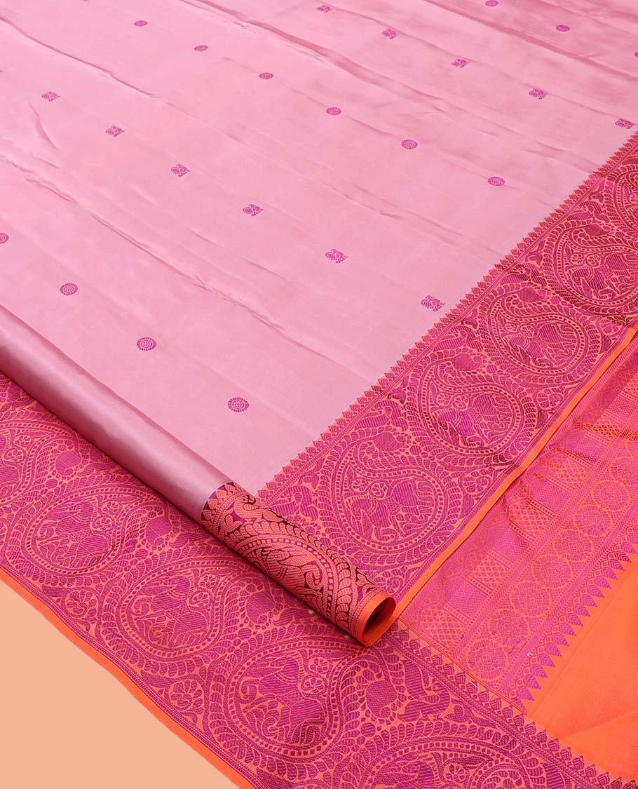Pink Kanchipuram Silk Saree, Prettified with Mayil-Chakram Buttas, a Contrast Arumbu Manga Border, Jaal Pallu, and a Contrast Blouse