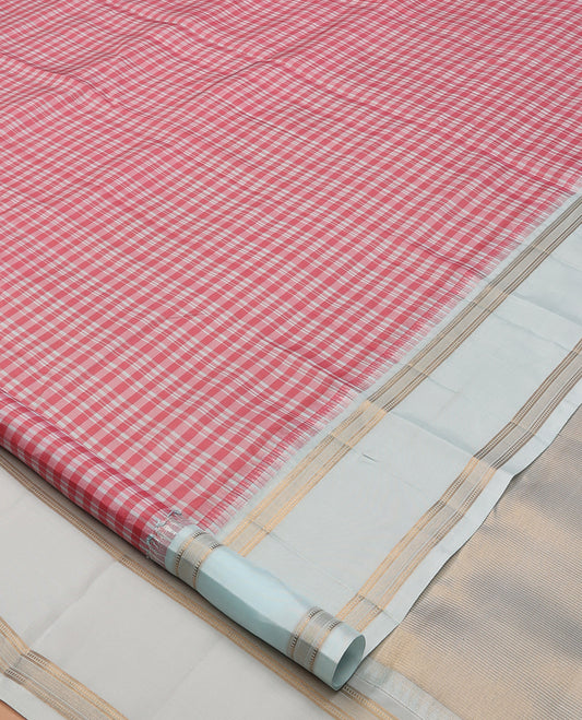 Red-White Checked Vasundhara Lite Silk Mix Saree, a Contrast Rettai Pettu Traditional Zari Border, Zari Striped Pallu, and a Contrast Blouse