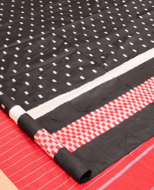 Black Pochampally Ikat Saree, Finely Crafted with Ikat Buttas, Ikkat Textured Border, Striped Pallu, and a Contrast Blouse