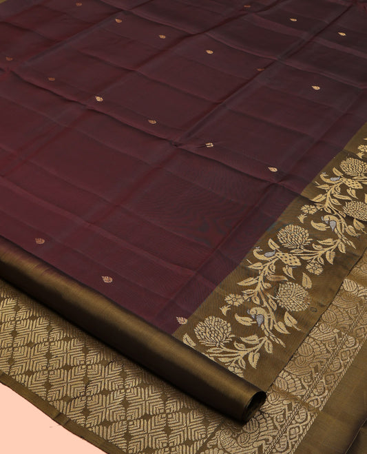 Maroon Mayuri Soft Silk Saree Featuring Zari Buttas, Contrast Floral-Peacock Border, Grand Jaal Pallu, and Contrast Blouse