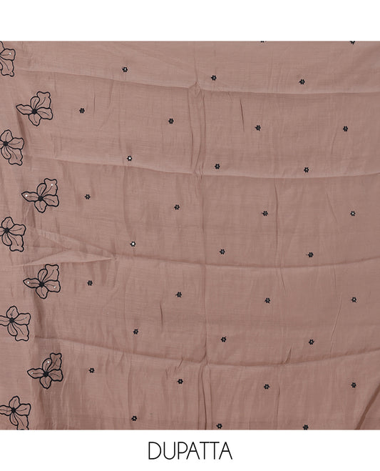 Light Brown Mul Chanderi Material Churidar Features Floral Thread Embroidered Top, a Matching Bottom, and an Scallop Embroidered Dupatta