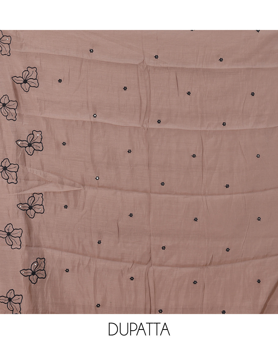 Light Brown Mul Chanderi Material Churidar Features Floral Thread Embroidered Top, a Matching Bottom, and an Scallop Embroidered Dupatta