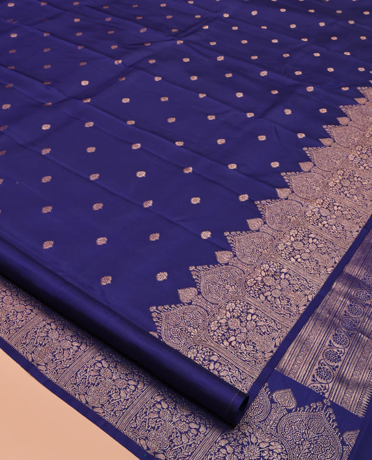 Blue Kanchipuram Silk Saree, Enthralled with Zari Buttas All Over Its Body, Highlighted by a Zari Border of Mughal-Style Designs, Grand Pallu, and Paired with a Matching Blouse