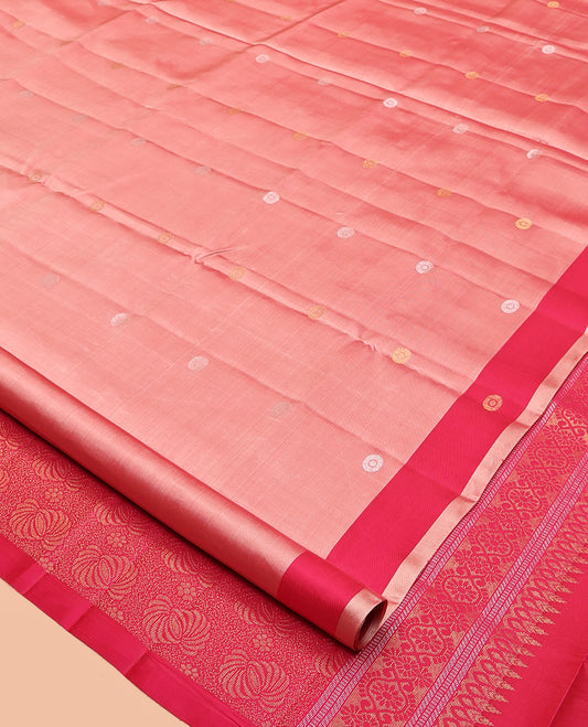 Peach Mayuri Lite Silk Mix Saree, Detailed with Zari Buttas, Complemented by Contrast Zari Buttas Border, Intricate Pallu, and a Contrast Blouse